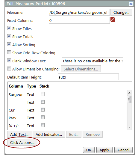 Example of th Edit measures portlet dialog box, showing the location of the click actions  option.