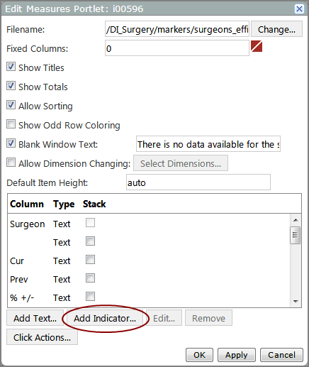 Example of th Edit measures portlet dialog box, showing the location of the add indicator option.