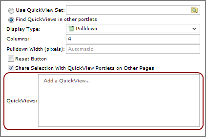 An example of an edit quickview dialog box, showing the add a quickview  location.