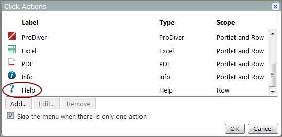 Click actions dialog box showing added Help click action.