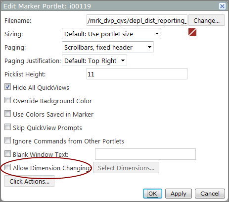 Dialog box showing the location of the allow dimension changing check box.