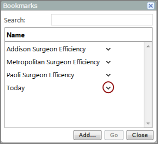 In the Bookmarks dialog box, the chevron to the right of a bookmark.