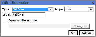 An Edit Click Action dialog box with Type set to NetDiver.