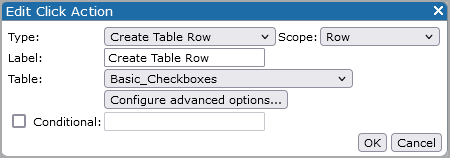 Edit click action, create table row dialog box.