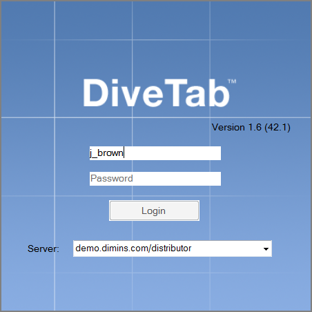 DiveTab Login dialog box.