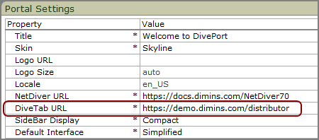 Location of the DiveTab URL option on the Portal Settings page.