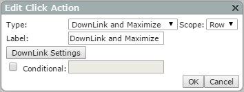 An Edit Click Actions dialog box with type set to DownLink and Maximize.