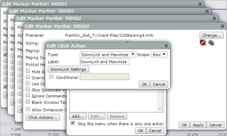 An Edit Click Actions dialog box whose type is set to DownLink and Maximize over a Click Actions dialog box and four tiled Edit Marker Portlet dialog boxes.