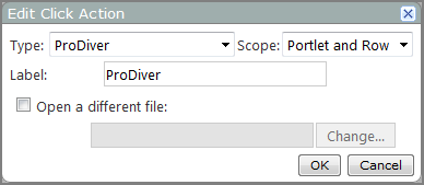 An example of an Edit Click Action, ProDiver dialog box.