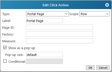 An example of the edit click action, portal page dialog box.