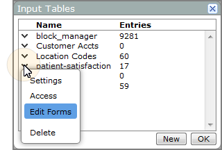 Edit this input table context menu, showing the Edit Forms option.