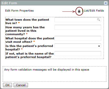 Example of an edit form portlet properties dialog box, showing the location of the lock icon.