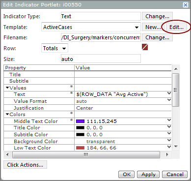 Example of an Edit indicator portlet dialog box, showing the Active Cases template selected and the location of the edit option.