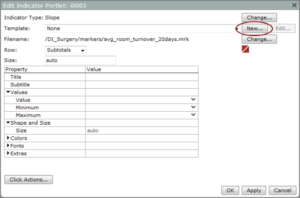 Example of the Edit indicator portlet dialog box showing default property values, and the location of the new optiopn.