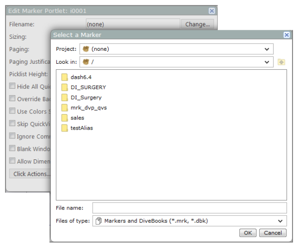 Edit marker portlet and select a marker dialog boxes.