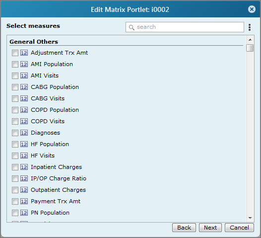 An example of an edit matrix portlet, select measures dialog box.