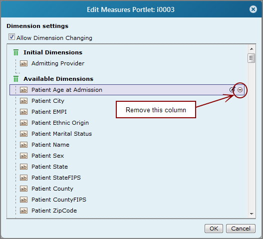 Edit measures portlet, dimension settings dialog box, showing the location of the remove this column option. 