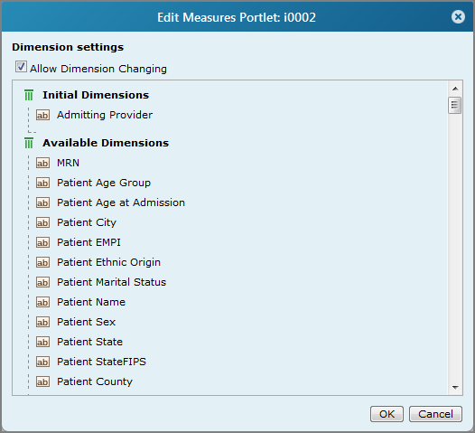 Edit measures portlet, dimension settings page.