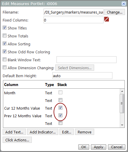 Example of an edit measures portlet dialog box showing the stack option selected. 