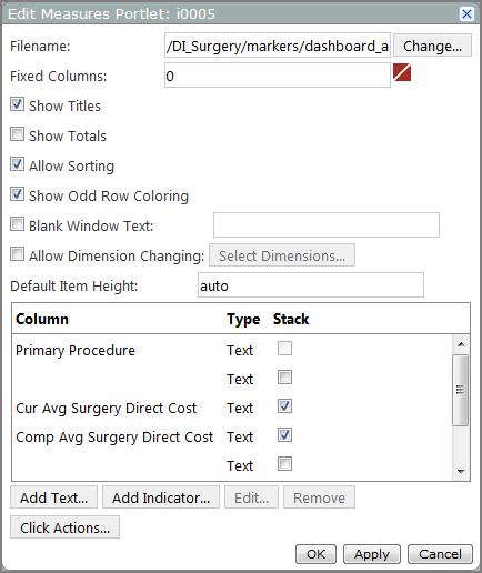 Example of the edit measures portlet dialog box.