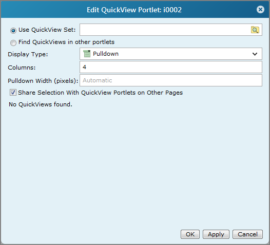 An example of an edit QuickView portlet dialog box showing the default settings.