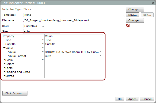 Example of an edit indicator dialog box showing slider properties.