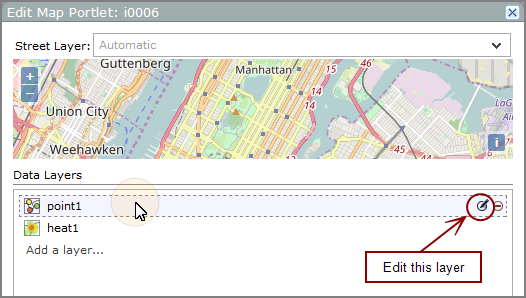 Edit map portlet, street layer dialog box showing the location of the edit this layer icon.