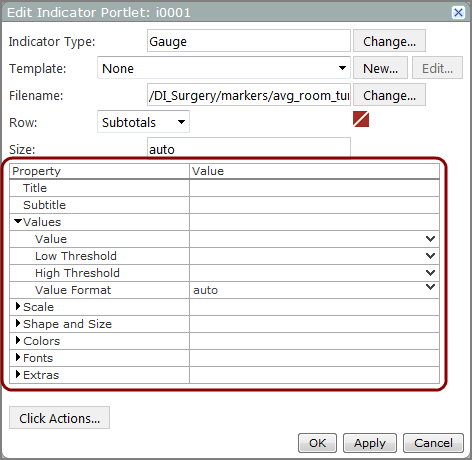 Example of a edit indicator portlet dialog box for a gauge.