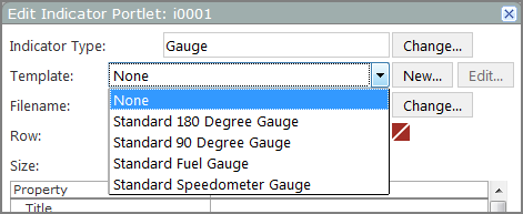 Edit indicator portlet, gauge type showing a list of built-in templates. 