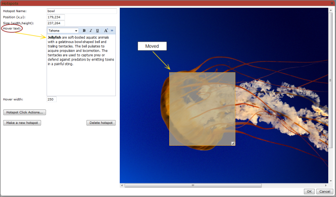 Hotspots dialog box with repositioned hotspot and hover text added.