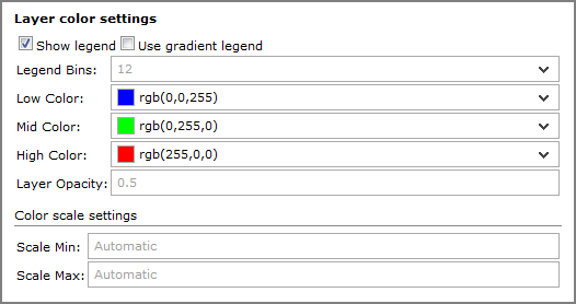 Example of an edit map portlet, layer color settings dialog box, showing default values.