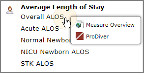 Part of the measure dictionary showing average length of stay measures and context menu.