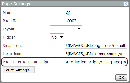 An example of the page settings dialog box, showing the location of the page DI production script option.