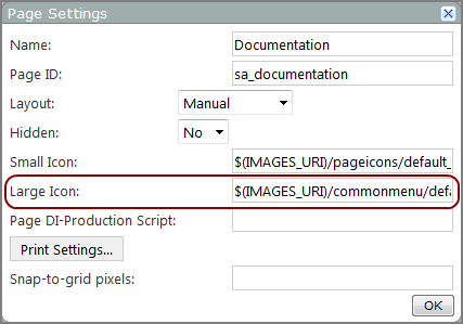 Page settings dialog box showing the location of the Large Icon option.