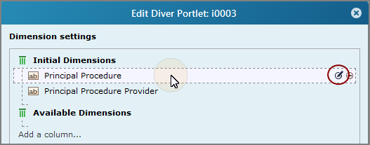 An example of an edit diver portlet, dimensioin settings dialog box, showing the location of the Edit this column icon.