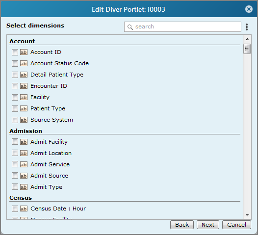 An example of an edit diver portlet, select dimensions dialog box. 