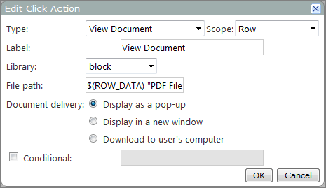 Edit click action, view document dialog box.
