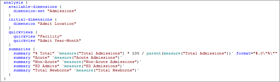 Custom analysis code example for the measure, total admissions.