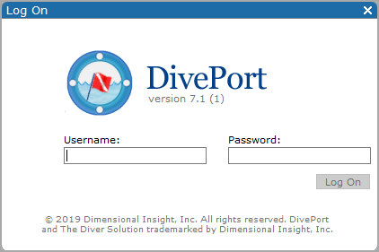 DivePort log on dialog box. 