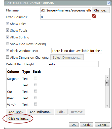 An example of the edit measures portlet  dialog box, showing the location of the click action  option.
