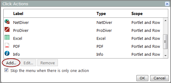 Click Actions dialog box showing the Add option.