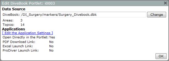 Edit divebook portlet, data source dialog box.