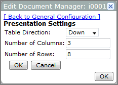 Edit document manager, presentation settings dialog box showing default settings.