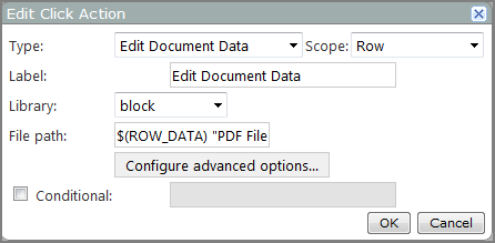 Edit click action, edit document data dialog box.