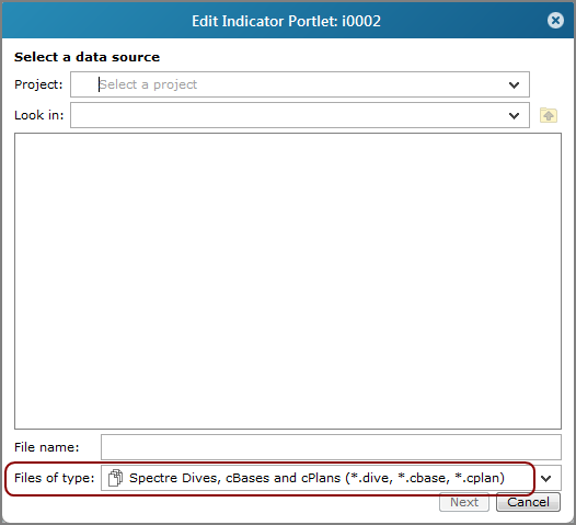 Edit indicator portlet, select a data source dialog box.