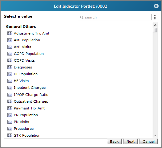 Edit indicator portlet, select a  value dialog box.