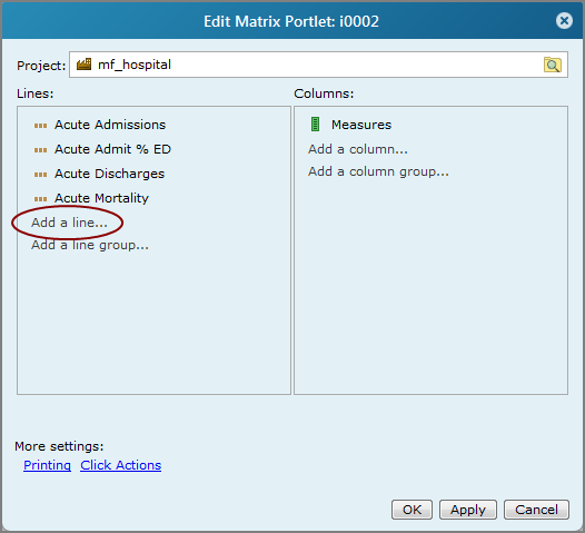 An example of a step in the add or edit matrix portlet wizard showing the add measures option.