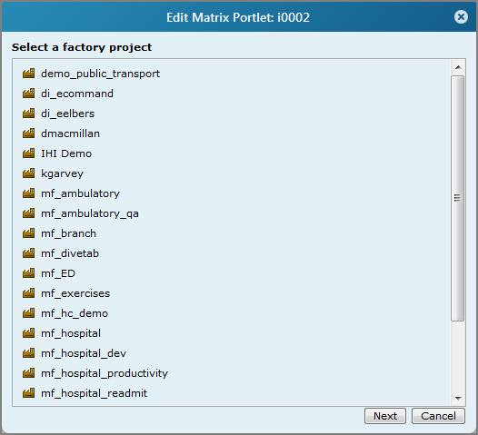 Edit Matrix Project, Select a factory project page.