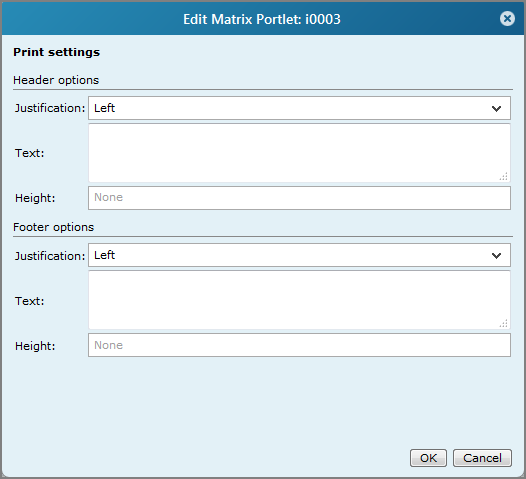 Matrix portlet print settings dialog box.