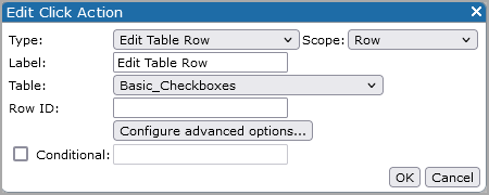 Edit click action, edit table row dialog box.